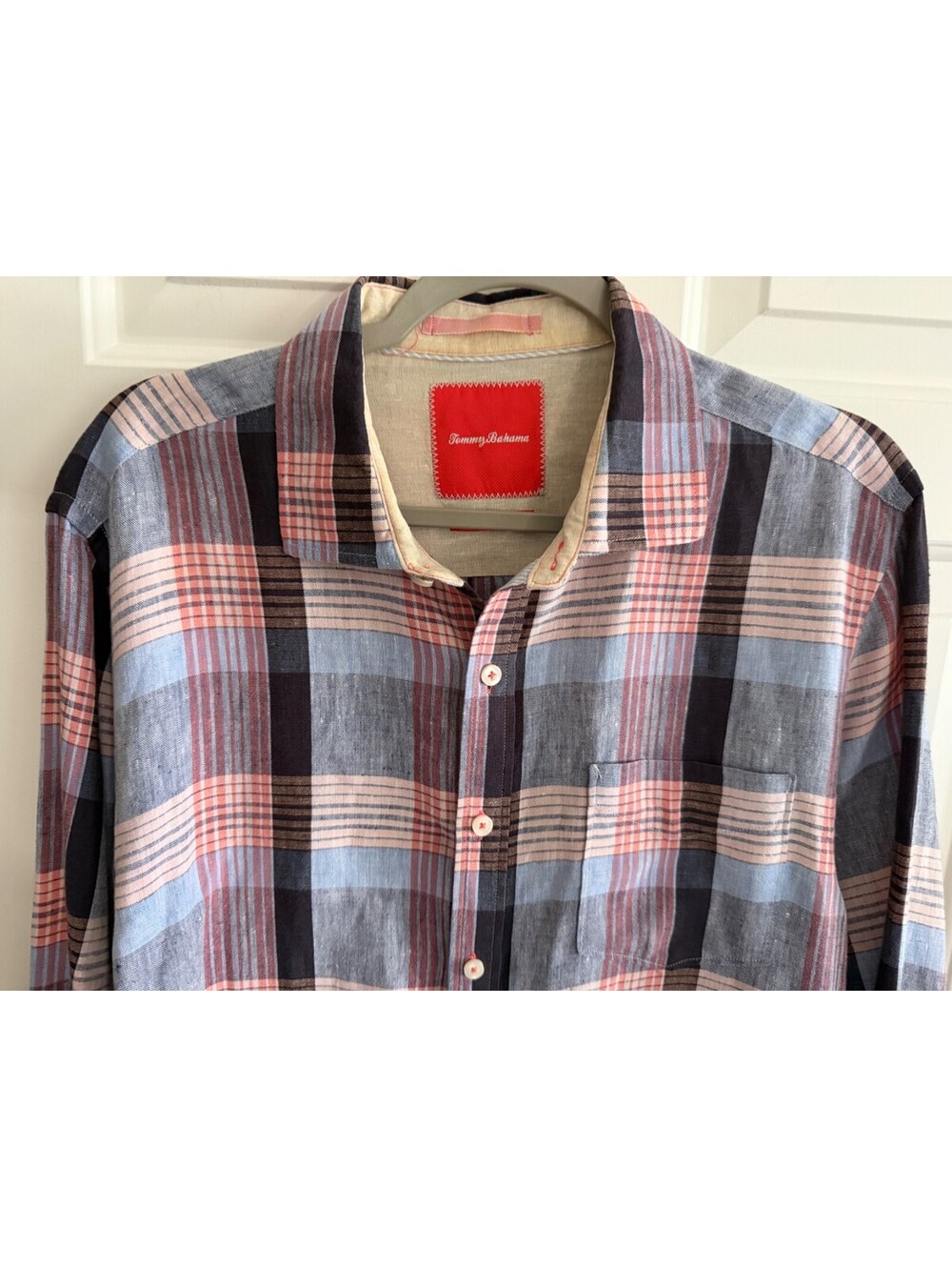 Tommy Bahama 100% Linen Plaid Button Up Shirt Mens Large Blue Pink Long Sleeve
